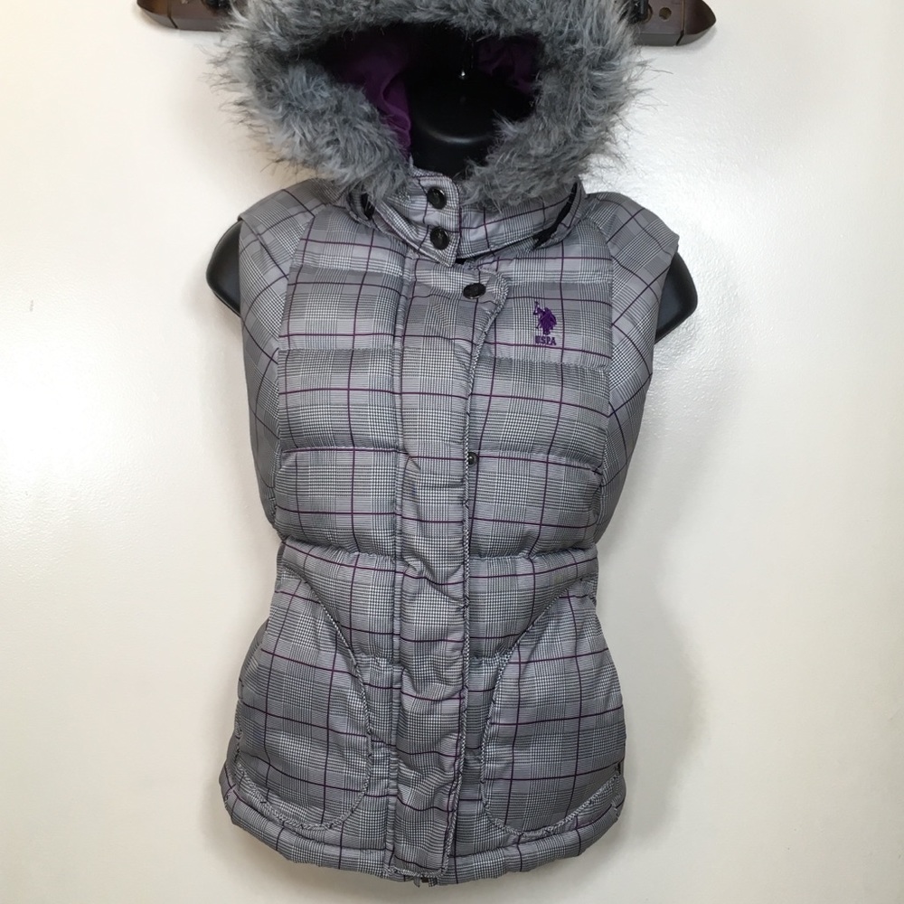 US Polo Assn. purple and gray plaid puffer vest S